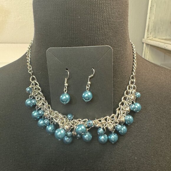 Silver Chain Necklace & Earrings Set With Blue Bead Accents - Picture 3 of 4